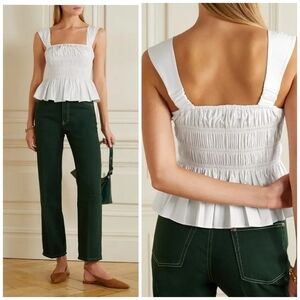 STAUD Ida Shirred Cotton-Blend Poplin Peplum Top - White